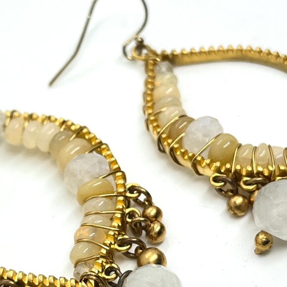 GOLD TONE BEADED CHANDELIER DANGLE EARRINGS BOHO FAUX MOONSTONE YELLOW STONE - Picture 14 of 16